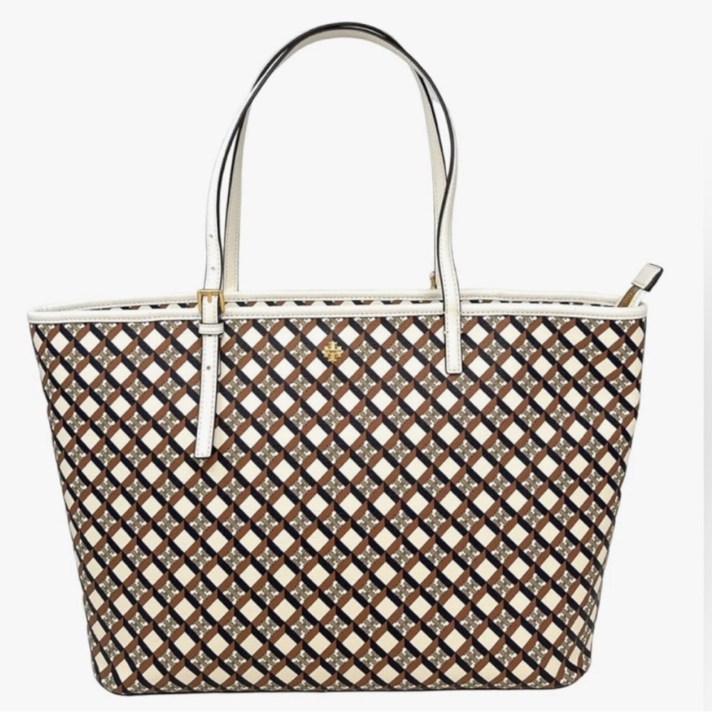 NWT Tory Burch Geo Allover Brown and White Tote Bag